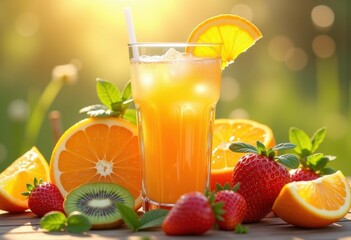 Fototapeta premium refreshing juice floating above vibrant fruit slices summertime drink garnish colorful ingredients healthy beverage delight, smoothie, citrus, tropical, liquid