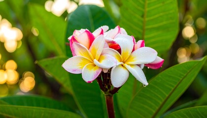 A cluster of plumeria flowers, vibrant with white and pink petals, adorned with dew drops, glows against a backdrop of lush green foliage.