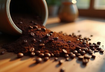 rich coffee grounds spilled rustic wooden table texture aroma warmth comfort mood, espresso, filter, cup, brew, brewery, kitchen, barista, mocha, mug