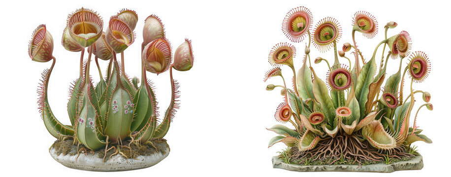 Two arrangements of venus flytrap plants in pots, isolated on transparent background