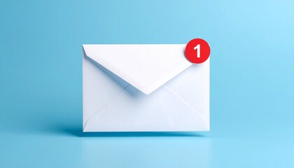 White envelope with a red notification badge on a bright blue background, symbolizing a new message or email alert.
