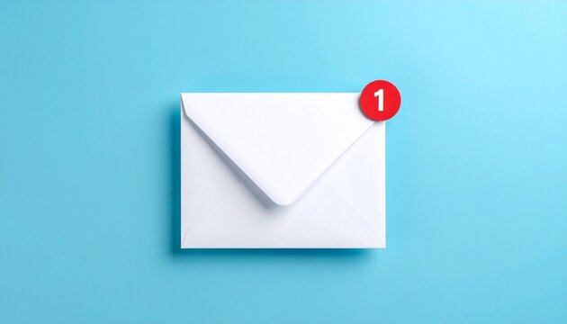 White envelope with a red notification badge on a bright blue background, symbolizing a new message or email alert.