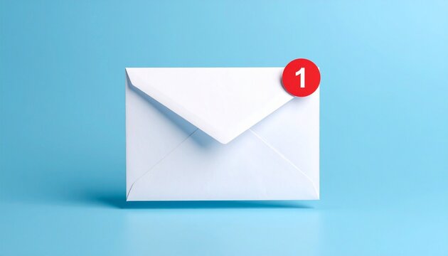 White envelope with a red notification badge on a bright blue background, symbolizing a new message or email alert.