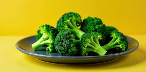 Vibrant green broccoli florets atop a slate gray plate, bright backdrop , ingredients, clean eating, crisp