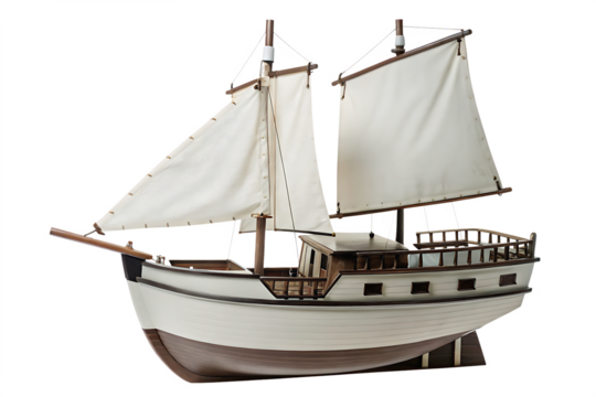 Wooden sailing vessel with white sails isolated on a transparent background