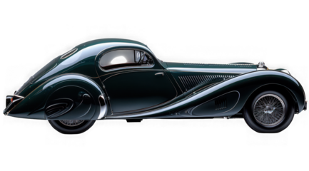 Elegant dark green vintage coupe automobile with flowing lines isolated on transparent background
