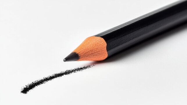 A pencil is on a white background with a black line. The pencil is black and has an orange tip