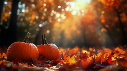 Autumn Pumpkins Surrounded by Colorful Leaves in a Sunny Forest Clearing at Sunset