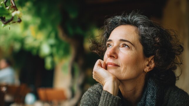 Thoughtful person in medium shot soft focus on surroundings drawing attention to their serene expression during a peaceful outdoor pause.
