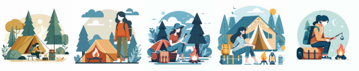 vector of young woman camping