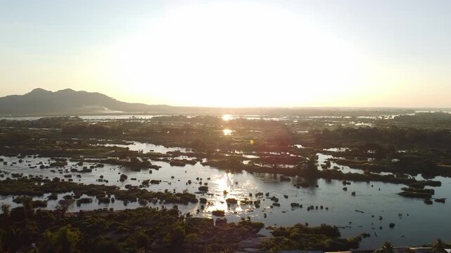 Aerial drone view of 4000 Islands (Si Phan Don) at sunset, Mekong River, Laos