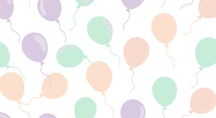 Balloons in pastel hues scattered on white background, flat vector illustration, airy and festive composition