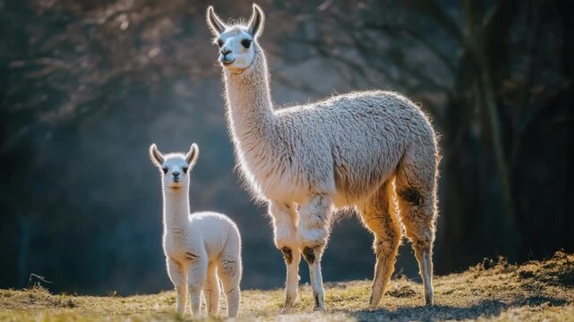 Llama and cria standing in sunlit field with lush foliage. Mother's Day, Mothering Sunday, Dia de la Madre - Global Maternal Celebration, Worldwide Family Holiday