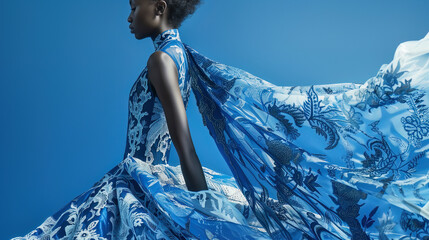 legant model in flowing blue patterned dress with dramatic fabric movement against vibrant blue background, high fashion editorial photography