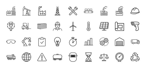 Industrial production and logistics line icon set. Vector pictograms of factory, oil rig, forklift, warehouse, truck, engineer, gears, solar panel, wrench, blueprint, thin linear illustration.