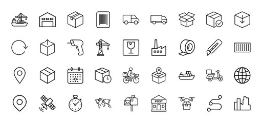 Logistics line icon set. Vector pictograms of shipping container, warehouse, delivery truck, parcel, barcode, fragile sign, drone, and route, thin linear illustration.