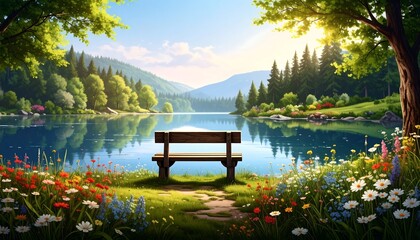 Serene lake scene with a wooden bench, vibrant flowers, and lush greenery under a bright sky.