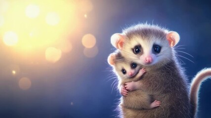 Adorable baby possum hugs mother against a soft bokeh background. Mother's Day, Mothering Sunday, Dia de la Madre - Global Maternal Celebration, Worldwide Family Holiday