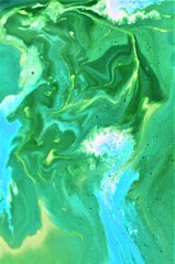 Green and turquoise liquid texture, watercolor hand painted background