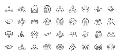 Community line icon set. Vector pictograms of people groups, handshakes, hearts, hands, network, globe, collaboration, and support, thin linear illustration.