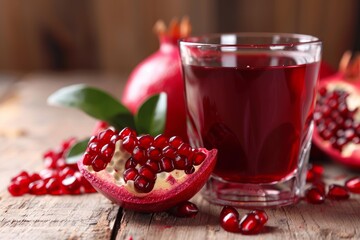 Pomegranate juice and pieces of pomegranate fruit are sitting on a wooden table