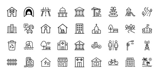 City and infrastructure line icon set. Vector pictograms of buildings, roads, services, public spaces, and transportation elements, thin linear illustration.