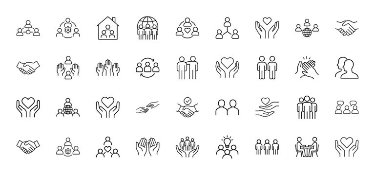 Community line icon set. Vector pictograms of people groups, handshakes, hearts, hands, network, globe, collaboration, and support, thin linear illustration.