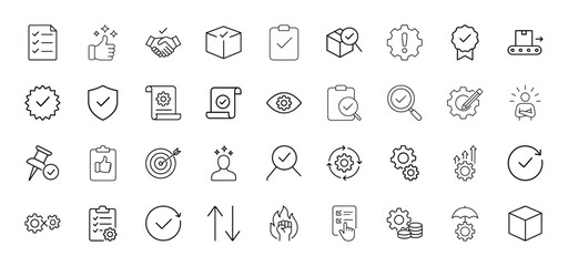 Business and quality control line icon set. Vector pictograms of checklist, thumbs, handshake, package, clipboard, gears, shield, target, conveyor, protection, process, document, and audit, thin linea
