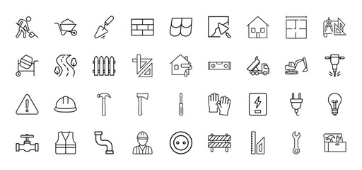 Fototapeta premium Construction and building line icon set. Vector pictograms of worker, wheelbarrow, trowel, bricks, roof tiles, house, blueprint, tools, and safety equipment, thin linear illustration.