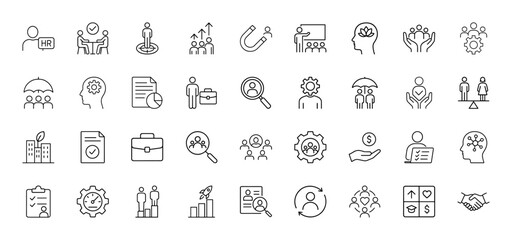 Human resources line icon set. Vector pictograms of HR, meeting, target, growth, team, talent, recruitment, management, career, support, thin linear illustration.
