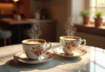 Fototapeta premium stylish duo coffee espresso cups elegantly arranged rich aromatic brews sophisticated design, beverage, barista, morning, afternoon, presentation