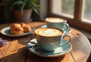 stylish paired coffee cups artful foam designs elegant presentation cozy cafe vibes morning rituals, latte, drink, espresso, caffeine, texture, style