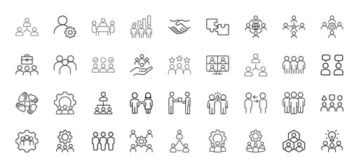Business and human resources line icon set. Vector pictograms of teams, people, meetings, handshakes, collaboration, organization, growth, leadership, and communication, thin linear illustration.