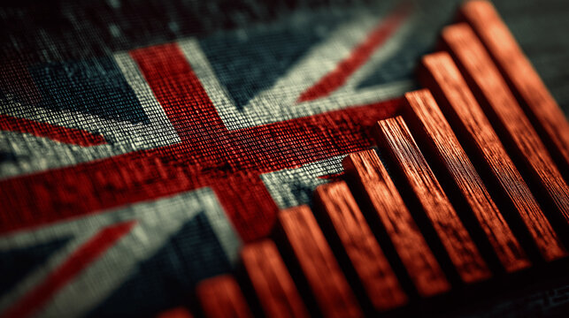 Dynamic UK economic growth visualized with rising bar chart superimposed on Union Jack flag