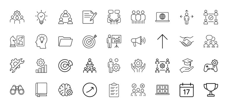 Business management line icon set. Vector pictograms of teamwork, brainstorming, meetings, strategy, goals, presentations, growth, education, planning, and success, thin linear illustration.