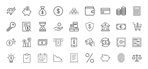 Finance line icon set. Vector pictograms of piggy bank, money bag, gold bars, wallet, credit card, bank, shopping cart, smartphone, safe, scales, thin linear illustration.