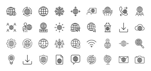 Global communication line icon set. Vector pictograms of worldwide network, internet, business, and travel concepts, thin linear illustration.