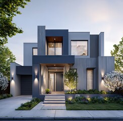 Modern home exterior, light gray and dark gray facade