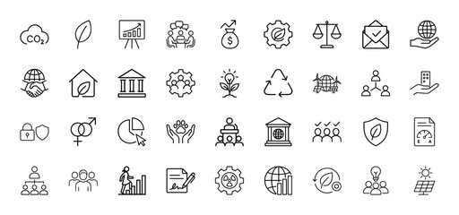 Sustainability line icon set. Vector pictograms of environmental, social, and governance themes, thin linear illustration.