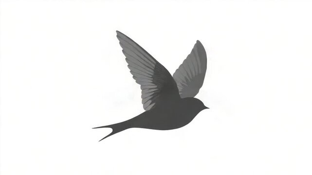 A dark silhouette of a bird in flight against a stark white background.  