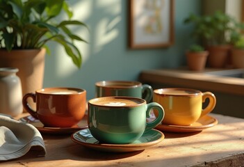 vibrant artisanal mugs beautifully crafted featuring colorful beverages freshly brewed ceramic handcrafted drinkware cozy atmosphere, coffee, tea, liquid, hot, cold