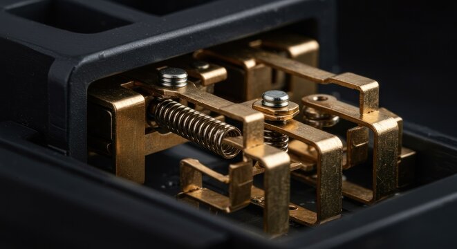 Extreme closeup of a metal relay switch with brass contacts and a spring