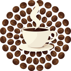 Coffee cup with steam surrounded by arranged coffee beans in a circular pattern on a light background
