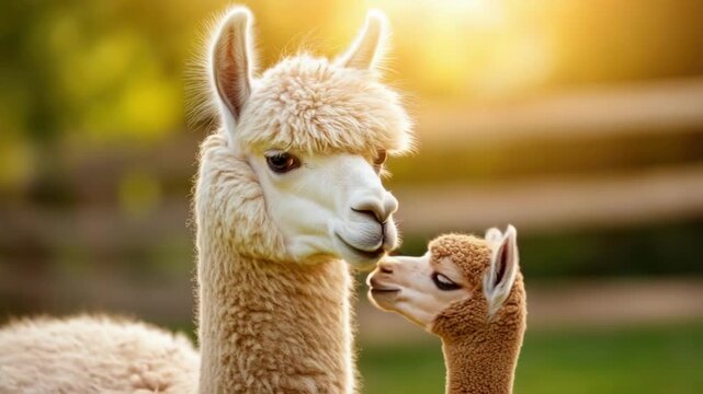 Adorable alpaca and cria in sunlit pasture. Mother's Day, Mothering Sunday, Dia de la Madre - Global Maternal Celebration, Worldwide Family Holiday