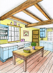 Colorful Hand-Drawn Rustic Kitchen Interior Sketch