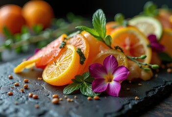 vibrant cocktail garnishes displayed refined textured slate surface showcase culinary creativity colorful aesthetics, input, tropical, beverage, garnished