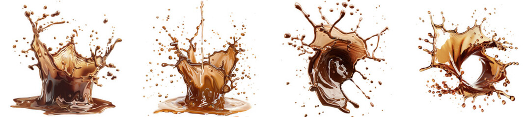 Dynamic splashes of brown liquid, isolated on transparent background