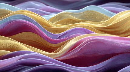 Abstract 3D wave background with bright gold and purple gradient silk fabric, smooth flowing texture symbolizing elegance, luxury, and creativity.