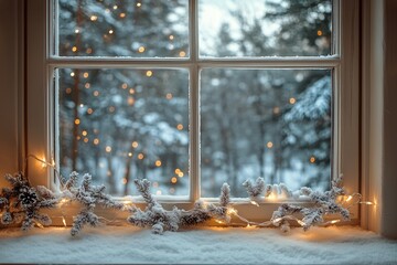 Winter Window View With Fairy Lights and Snow-Covered Trees During a Serene Afternoon