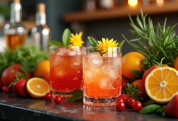 Fototapeta premium vibrant cocktail ingredients colorful arrangements fresh fruits vegetables herbs unique garnishes mixology artistry, beverage, refreshing, creative, tropical